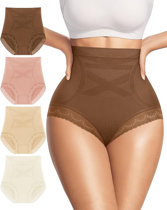 Women's Underwear 4 Pack High Waisted Tummy Control Ladies Panties with Lace Comfortable Briefs Full Coverage