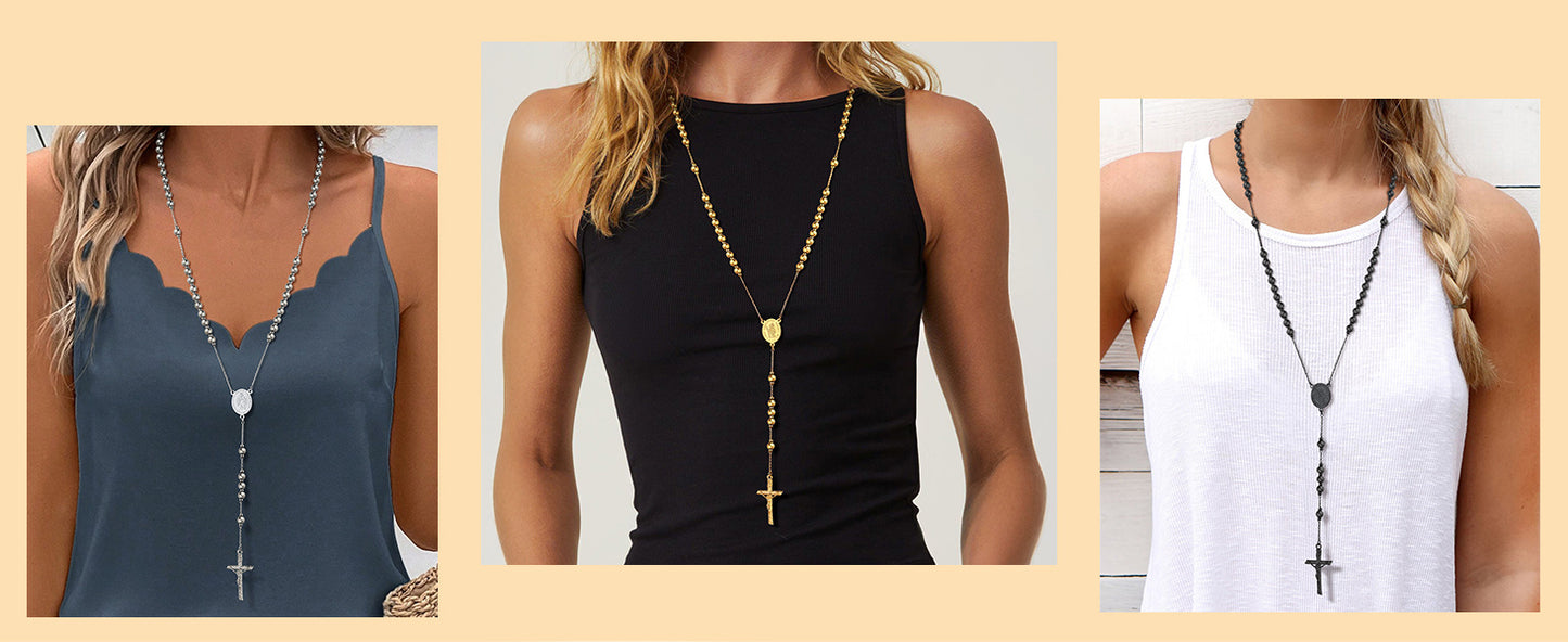 Elegant Gold-Plated Rosary Necklace – Stainless Steel Catholic Prayer Beads