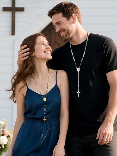 Elegant Gold-Plated Rosary Necklace – Stainless Steel Catholic Prayer Beads