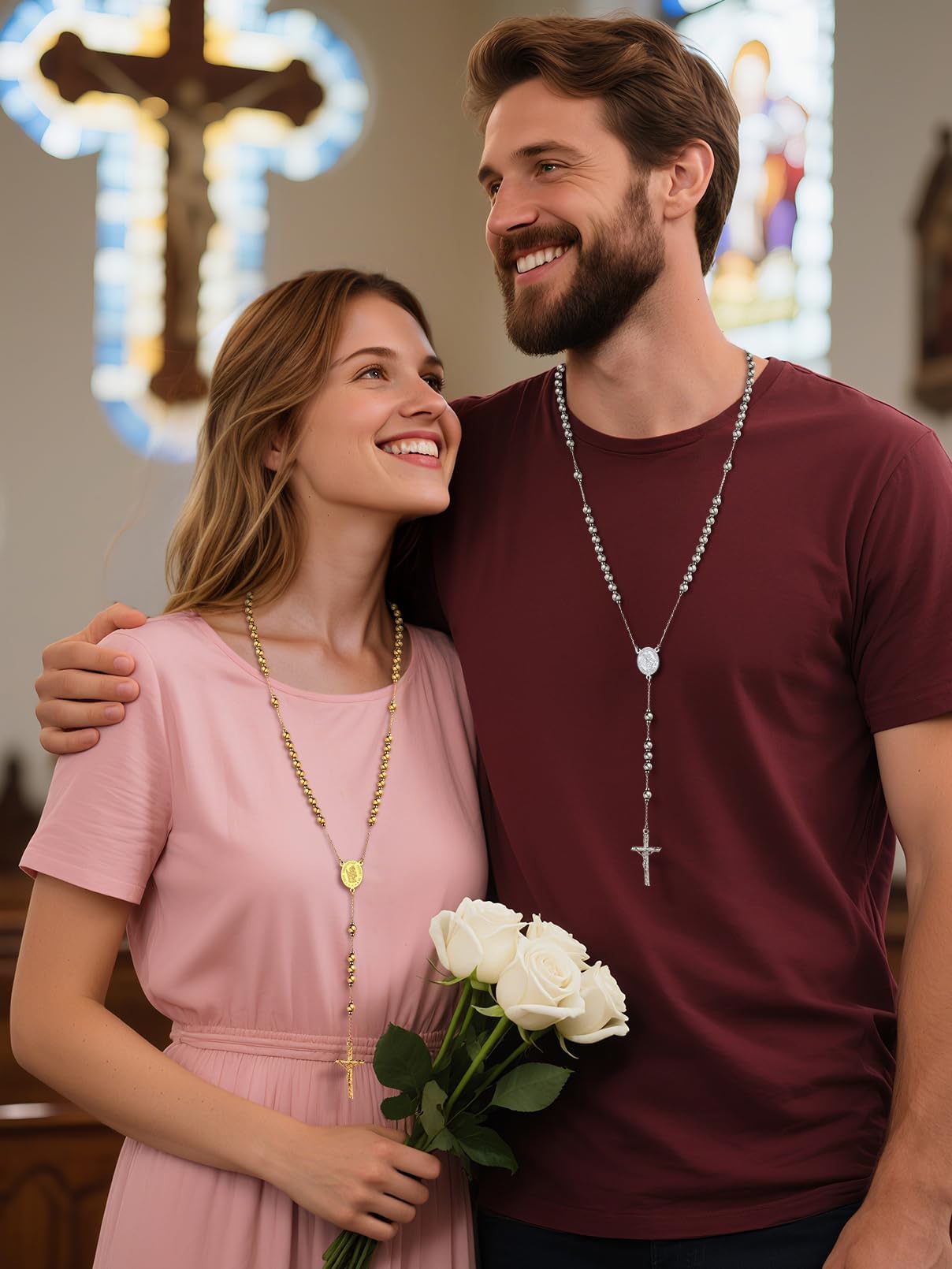 Elegant Gold-Plated Rosary Necklace – Stainless Steel Catholic Prayer Beads