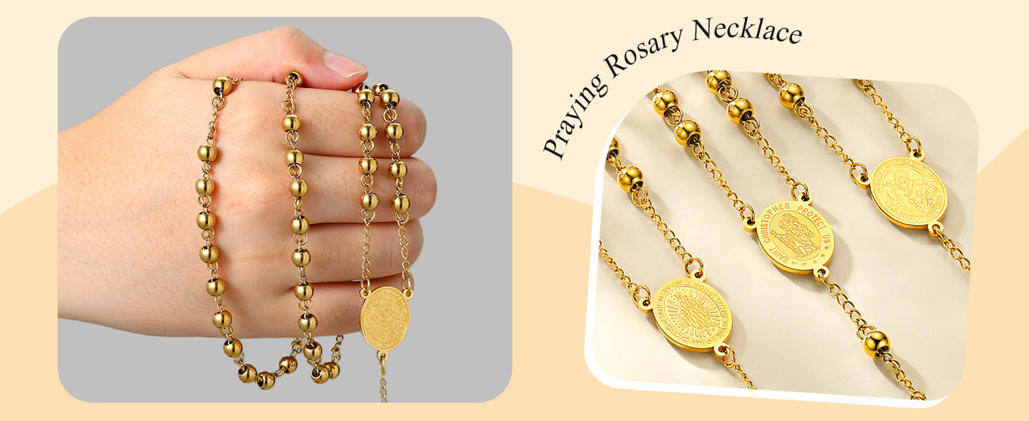 Elegant Gold-Plated Rosary Necklace – Stainless Steel Catholic Prayer Beads