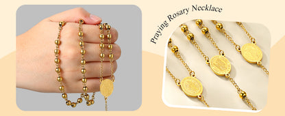 Elegant Gold-Plated Rosary Necklace – Stainless Steel Catholic Prayer Beads