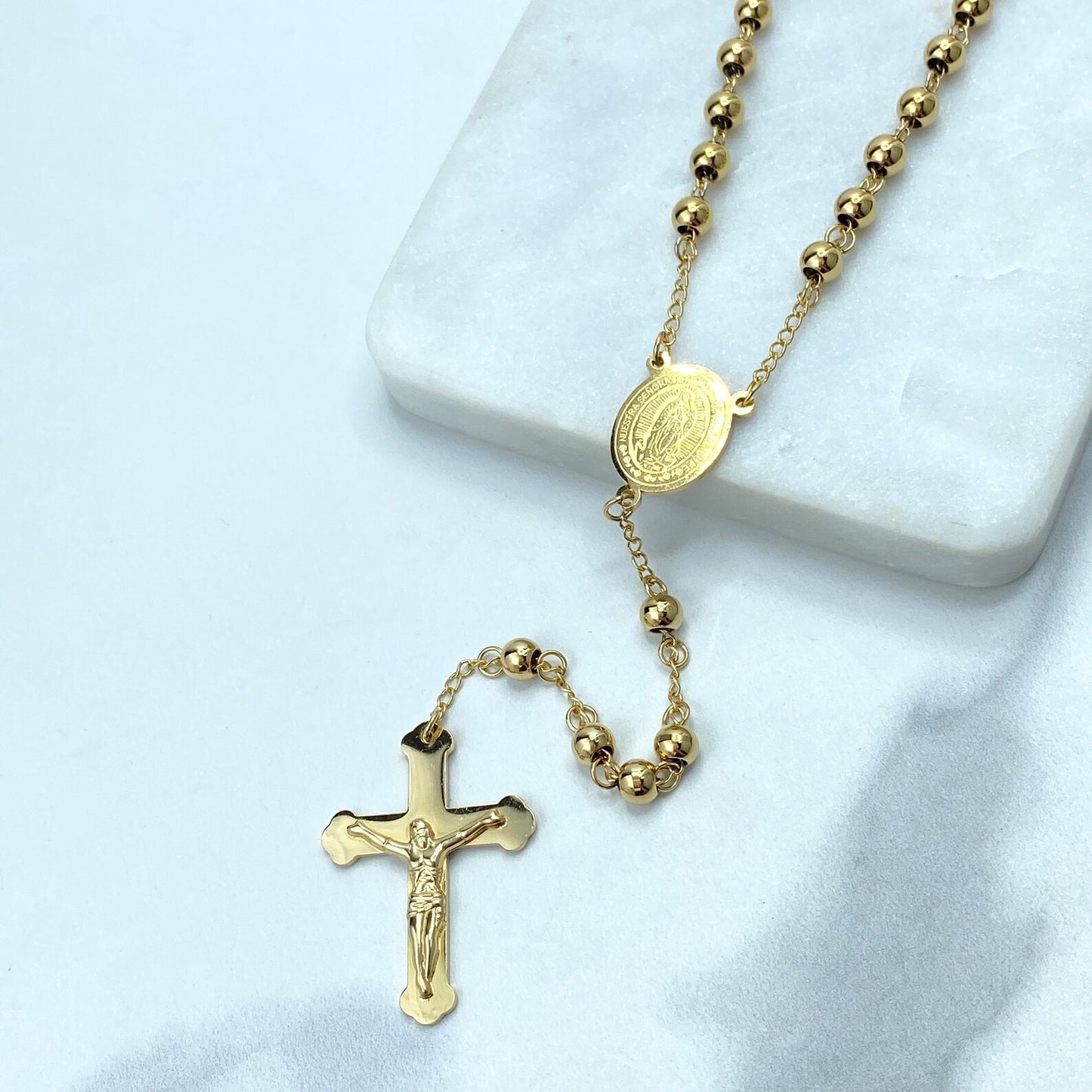 Elegant Gold-Plated Rosary Necklace – Stainless Steel Catholic Prayer Beads
