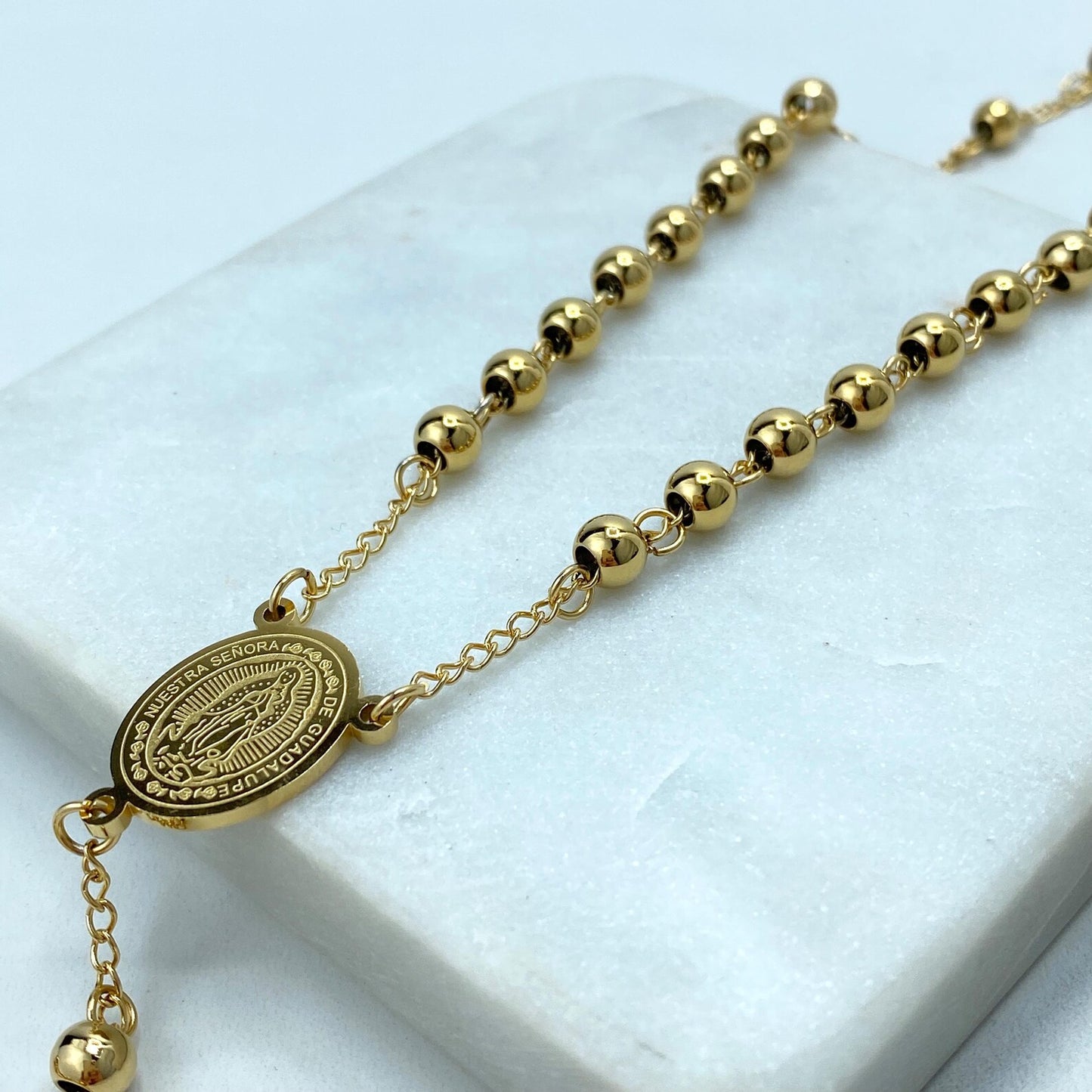 Elegant Gold-Plated Rosary Necklace – Stainless Steel Catholic Prayer Beads
