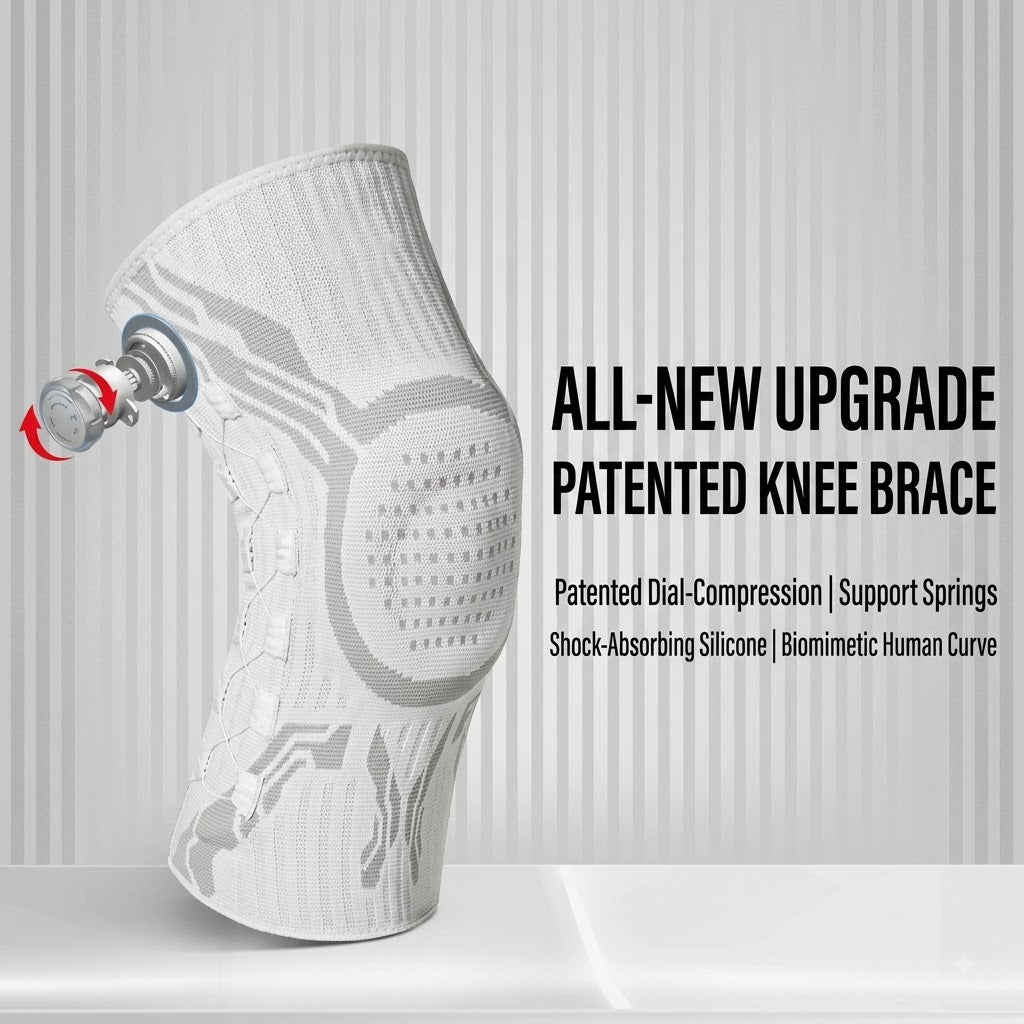 Sports knee brace with BOA dial technology for adjustable compression and joint support; breathable and flexible.