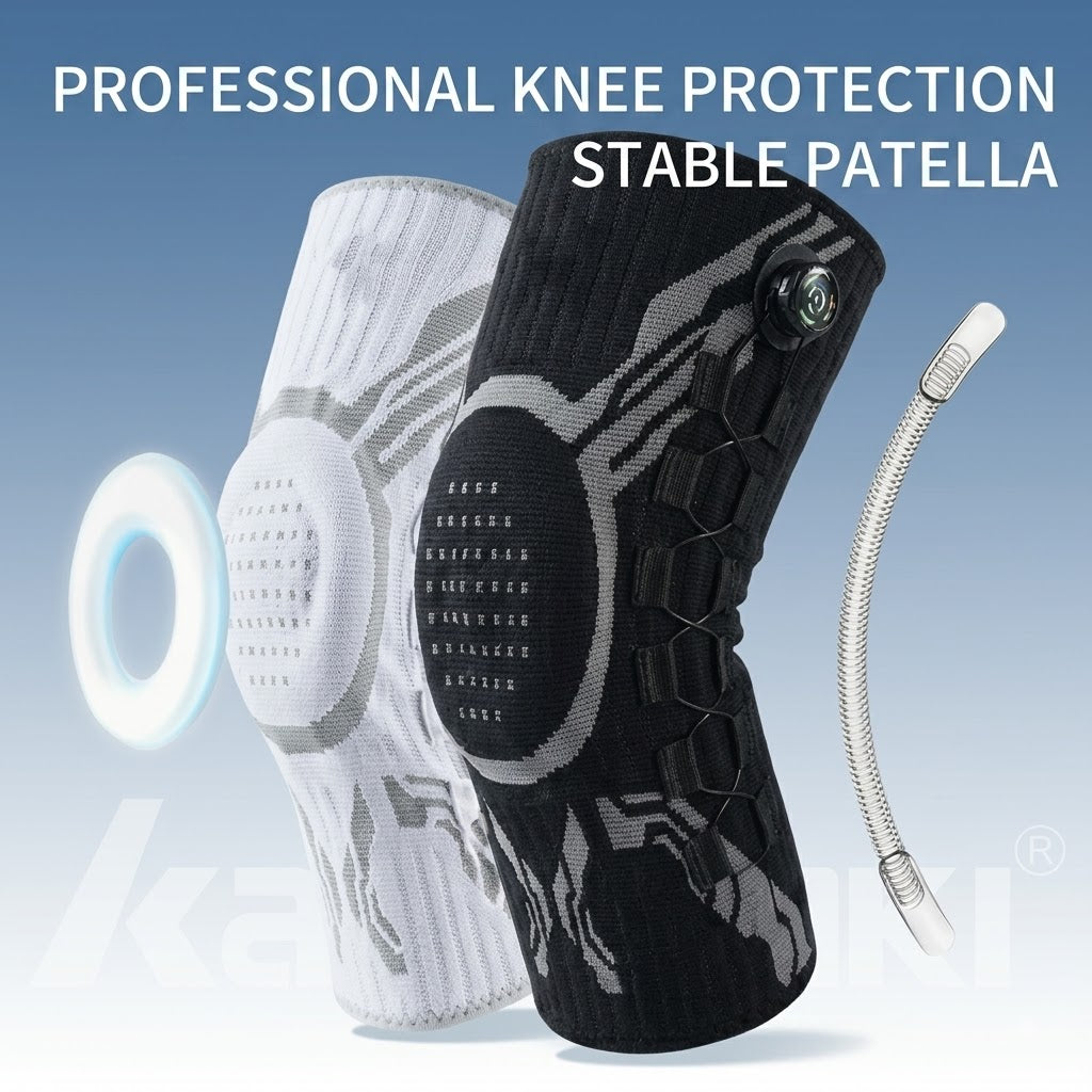 Sports knee brace with BOA dial technology for adjustable compression and joint support; breathable and flexible.
