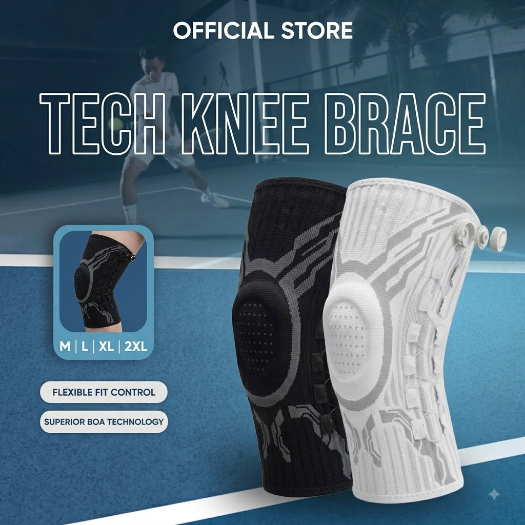 Sports knee brace with BOA dial technology for adjustable compression and joint support; breathable and flexible.