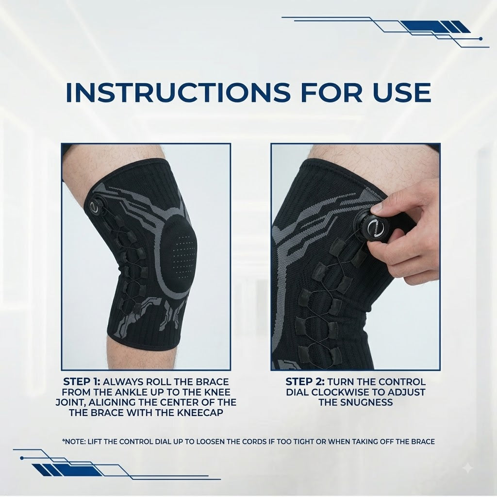 Sports knee brace with BOA dial technology for adjustable compression and joint support; breathable and flexible.