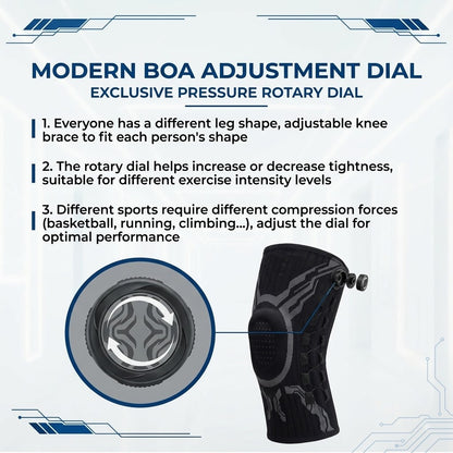 Sports knee brace with BOA dial technology for adjustable compression and joint support; breathable and flexible.