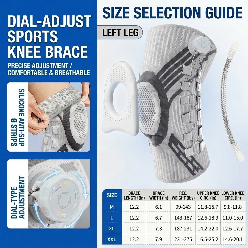 Sports knee brace with BOA dial technology for adjustable compression and joint support; breathable and flexible.