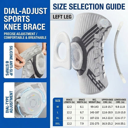 Sports knee brace with BOA dial technology for adjustable compression and joint support; breathable and flexible.