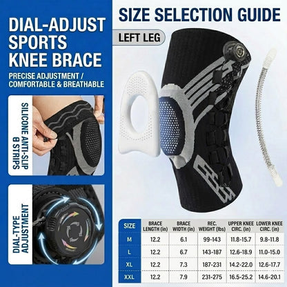Sports knee brace with BOA dial technology for adjustable compression and joint support; breathable and flexible.