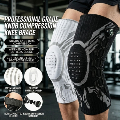 Sports knee brace with BOA dial technology for adjustable compression and joint support; breathable and flexible.