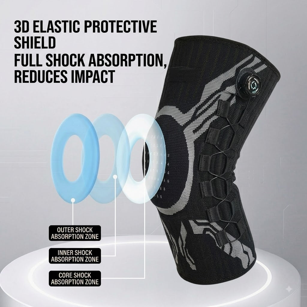 Sports knee brace with BOA dial technology for adjustable compression and joint support; breathable and flexible.