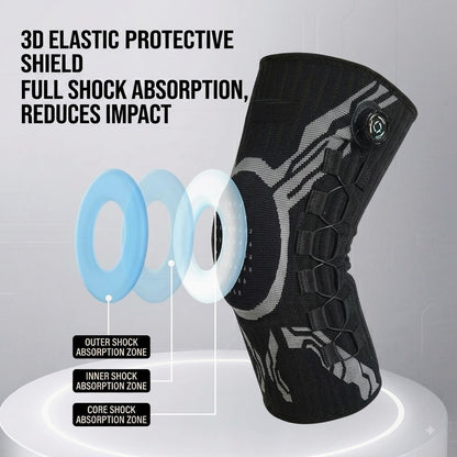 Sports knee brace with BOA dial technology for adjustable compression and joint support; breathable and flexible.